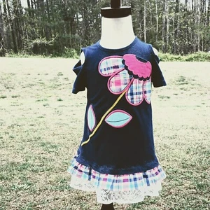 Cold Shoulder Dress 4 Blue Pink Plaid Applique Flower Ruffle Lace Hem Stretch - Picture 1 of 6