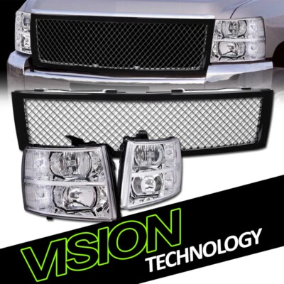 Chrome Headlights Parking Lamp Nb+Glossy Blk Mesh Grill For 07-13 Silverado 1500 - Image 1 of 4