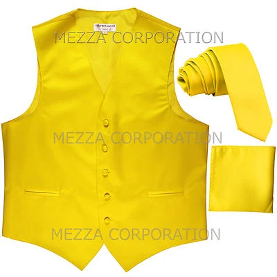 New Men's Vesuvio Napoli Tuxedo Vest 2.5" Skinny Necktie set prom party Yellow - Image 1 of 4