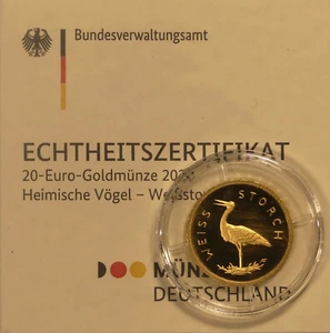Bundesrepublik €20 Gold 2020-D Weißstorch, Stgl. im orig. Kapsel mit Zertifikat - Bild 1 von 1