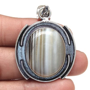 Pendant Grey Botswana Agate Gemstone Handmade Antique Silver Jewelry 2" - Picture 1 of 7