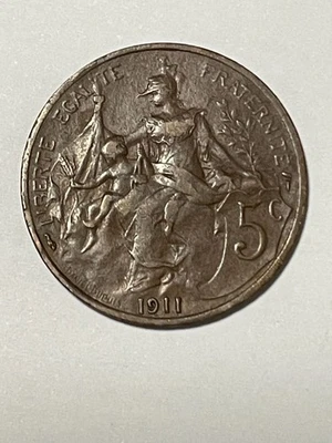 👀FRANCE 1911 5 CENTS COIN SCARCE ANTIQUE NICE DETAILS 👀 - Image 1 of 2