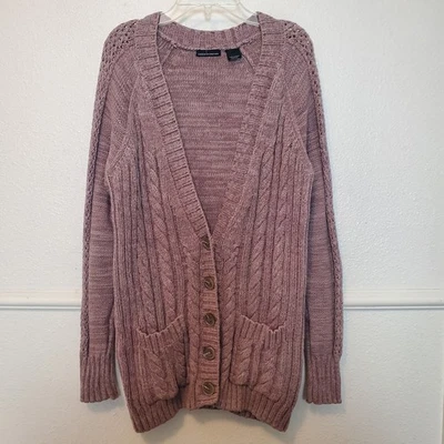 Moda International коренастый кабель вязаный кардиган глубокий V шеи кнопка спереди Sz M - Изображение 1 из 4