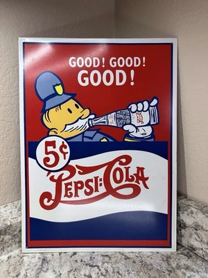 Placa Pepsi boa! Bom! Bom! Placa de metal Pepsi Cola 5¢, vermelha, branca e azul - Imagem 1 de 4