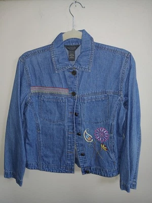 Van Heusen Women's Small 100% Cotton Denim Jacket Rainbow Flower Embroided Pride Foto 1 de 4