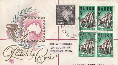 Sellos Nauru 5d ANZAC bloque 4 mejorado WCS Wesley caché genérico registrado FDC Foto 1 de 2