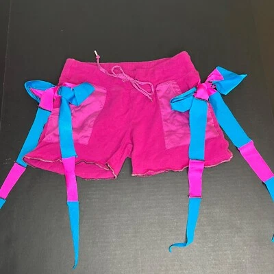 Pink Bow Shorts Size XS Blue Booty Festival Handmade Cotton Fringe Upcycled Y2k - Image 1 of 4