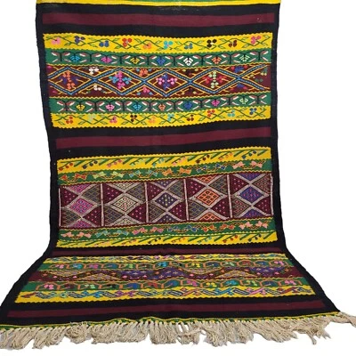 Old Handmade Moroccan Area Rug Yellow Geometric Wool Tribal Berber Carpet 7x4 ft - Image 1 of 4