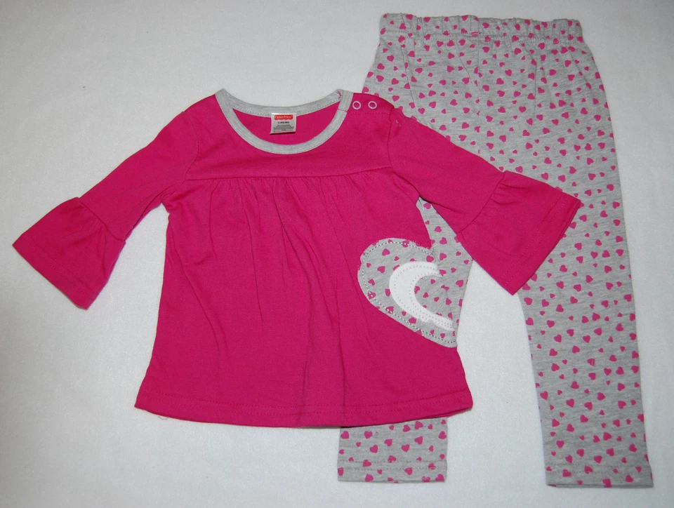 Bebé Niñas TÚNICA ROSA TOP Manga Volantes GRIS LEGGINGS Corazones 3-6 6-9 12 18 24 MO Foto 1 de 1