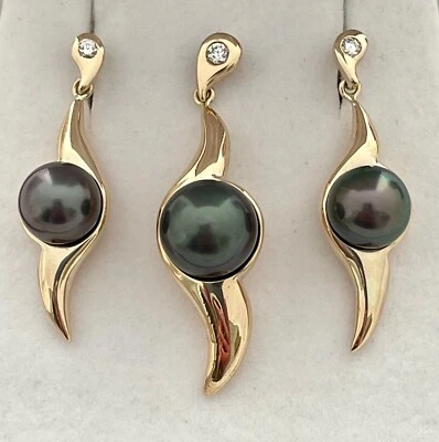 PENDIENTES Y COLGANTES VINTAGE 14K YG GRANDES PERLAS DE TAHITÍ Y DIAM, APROX. RET $3,900 Foto 1 de 4