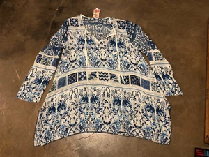 Johnny Was Small Langarm Tunika blau und weiß Blumen Capra Viskose - Bild 1 von 4