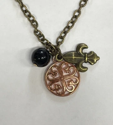 Fleur De Lis Black Bead Charm Antique Bronze Necklace 20” Chain Lily Flower NEW - Image 1 of 4
