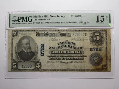 $5 1902 Mullica Hill New Jersey NJ National Currency Bank Note Bill #6728 F15 - Image 1 of 4