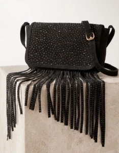Gorgeous Black Leather Sparkle Fringe Bag BNWT - Picture 1 of 10