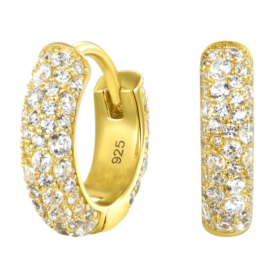 Mens Women's 3d Cz Yellow Gold 925 Sterling Silver Honey Comb Set Hoop Earrings - Image 1 of 4