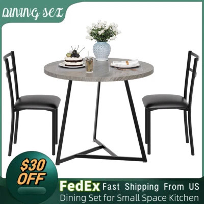 Dining Set Round Wood Top Table and 2 Upholstered Chairs for Small Space Kitchen - Image 1 of 4