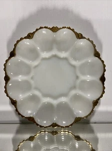 VTG. White Milk Glass Devil Egg Plate / Gold Trim Serving Dish 1950s - Picture 1 of 10