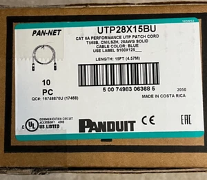 Box of 10 Panduit UTP28X15BU 15ft Cat 6a Utp Cable RJ45 Patch Cord Blue New - Picture 1 of 2
