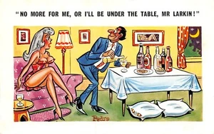 POSTCARD COMIC RISQUE GIRL BIG BOOBS SUITOR DRINK UNDER TABLE SUNNY PEDRO # 153 - Picture 1 of 2