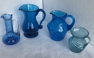 Set Of 4 Hand Blown Small Pitchers Shades Of Blues Applied Handles - Picture 1 of 10