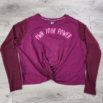 FILA “Own Your Power” Malla Manga Larga Recortada Entrenamiento Top Camisa Mujer 1X Nueva Sin Etiquetas Foto 1 de 4