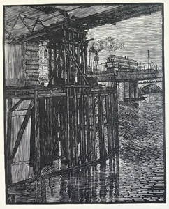 Stampa originale Alfred Prust Linocut artista britannico ponte levatoio Bridgeworks fiume - Foto 1 di 6