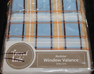 Trend Lab Rockstar Tab Top Window Valance 53x15 blue brown tan plaid new Foto 1 de 4