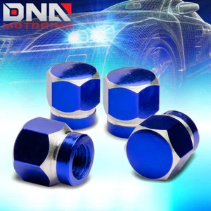 4 X ALUMINUM METAL BLUE HEXAGONAL TIRE/RIM VALVE AIR PORT DUST COVER STEMS CAP - Picture 1 of 2