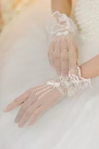 Guanti polsini sposa matrimonio bride gloves pizzo mani BIANCO lace rete raso - Imagen 1 de 1