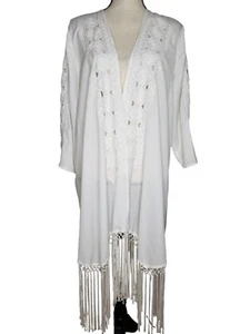 Chicos Open Front Topper Long Fringe Ivory Large 2 Embroidered Jacket Kimono - Picture 1 of 6
