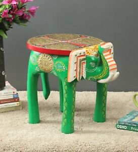 12" Inch Handmade Wooden Green Elephant Shape Floor Decor Stool, Bed Side Stool