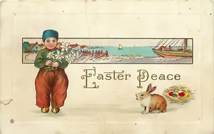 Cartolina coniglietto coniglietto danza Pasqua pace uovo in rilievo ragazzo olandese città pesca - Foto 1 di 2