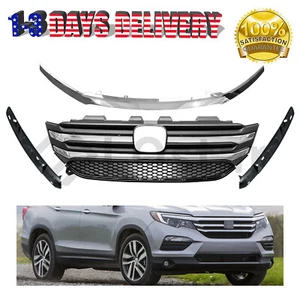 Front Upper Chrome Grille w/Surround Molding Trim For 2016 2017 2018 Honda Pilot - Picture 1 of 5