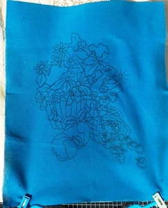 Stamped Needlepoint Cloth,Teal Blue Cloth With Flowers & Fruit Design, No Thread - Picture 1 of 3