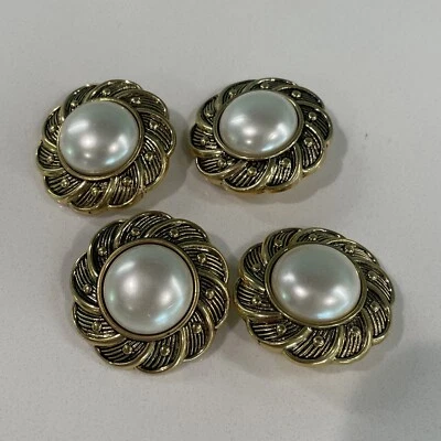 Set Of 4 Snap Together Gold Tone Plastic Faux Pearl Sewing Buttons 1 1/2” - Image 1 of 4