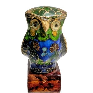 Vintage Miniatur Cloisonne Eule Emaille Messing Vogel Chinesisch auf Holzsockel 2,5" - Bild 1 von 6