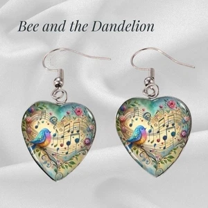 Cute Musical Bird  Heart Shaped Glass Cabochon Earrings - Picture 1 of 6