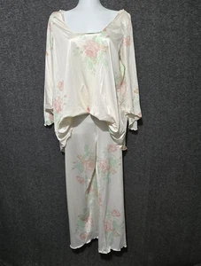 Vintage 60s Sears Pajama Set Womens Medium Ivory Pink Rose Floral Nylon USA - Picture 1 of 19