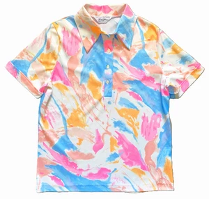 Vtg Abstract Florida Golf Shirt Top 70s Poly Knit Pullover S/Slv Unisex 38 Chest - Picture 1 of 6