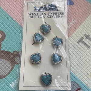 90's Southwestern Style Turquoise Colored Heart Shaped Button Covers Set of 6 - Picture 1 of 6