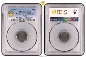 ** PCGS MS65 ** 1 Pfennig 1944 D SWASTIKA Germany Third Reich J-369 Coin WW2 Pfg - Picture 1 of 1