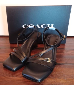NEW COACH Cait Leather Wedge Sandals Black Women’s Size 7.5B Ankle Strap Heel - Picture 1 of 5