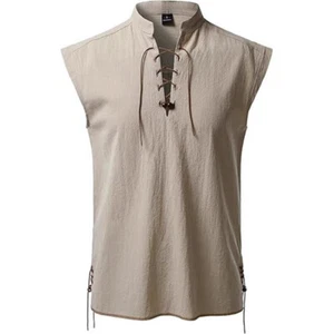 Men's Retro Lace Up Sleeveless Shirts Pirate Renaissance Medieval Viking Shirt - Picture 1 of 20