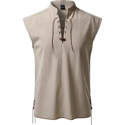 Men's Retro Lace Up Sleeveless Shirts Pirate Renaissance Medieval Viking Shirt - Image 1 of 4