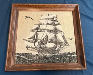 Vintage Kay Dee Hand Prints 100% Pure Linen Sailing Ship Picture w/ Wood Frame - Picture 1 of 5