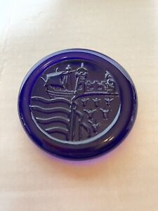 Bristol Blue Glass - Vintage sailing ship and castle flat Paperweight - Signed