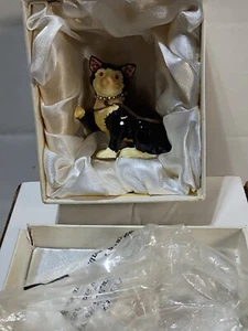 Vintage Enameled Black White Jeweled Hinged Cat Trinket Decor Thing - Picture 1 of 9