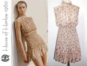 House of Harlow SHONA JOY Colette MockNeck Smocked Paisley Metallic Mini Dress S - Picture 1 of 20