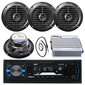 PLMRB29B Black USB AUX Radio, Marine 6.5" Speakers, Antenna, Pyle 400W Amplifier - Picture 1 of 5