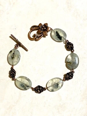 Pulsera Prehnita Verde Natural, Piedras Preciosas Genuinas + Rosa Cobre Antigua Foto 1 de 4